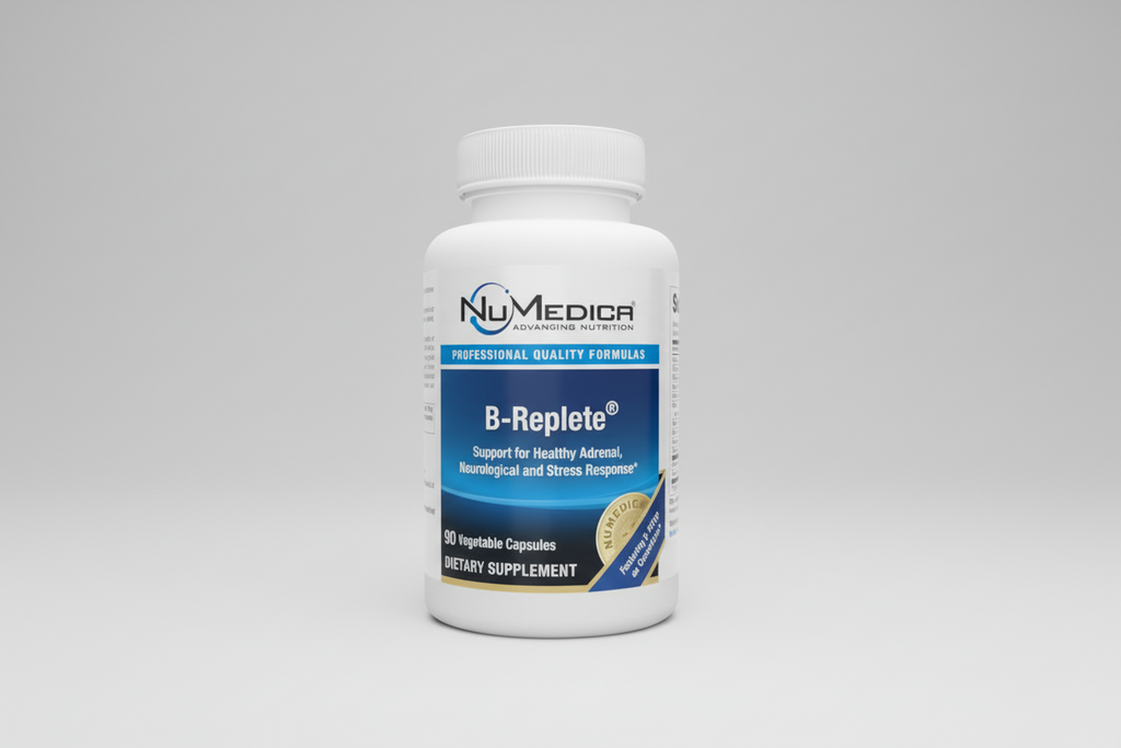 NuMedica B-Replete dietary supplement bottle on a white background