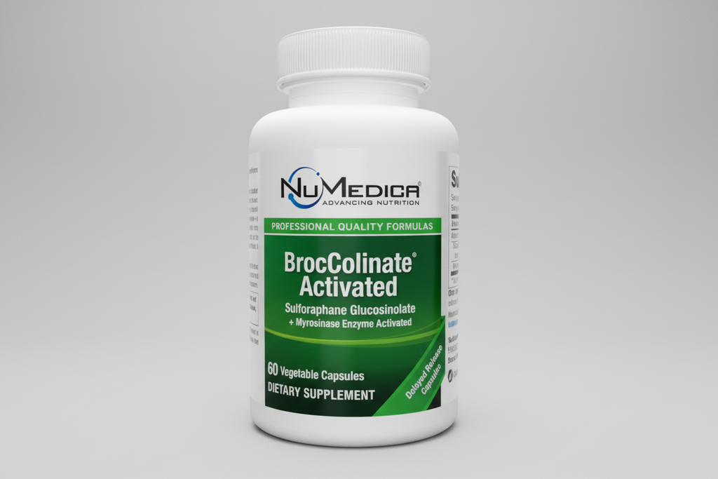 Supplement bottle labeled 'BrocColinate Activated' by NuMedica on a white background