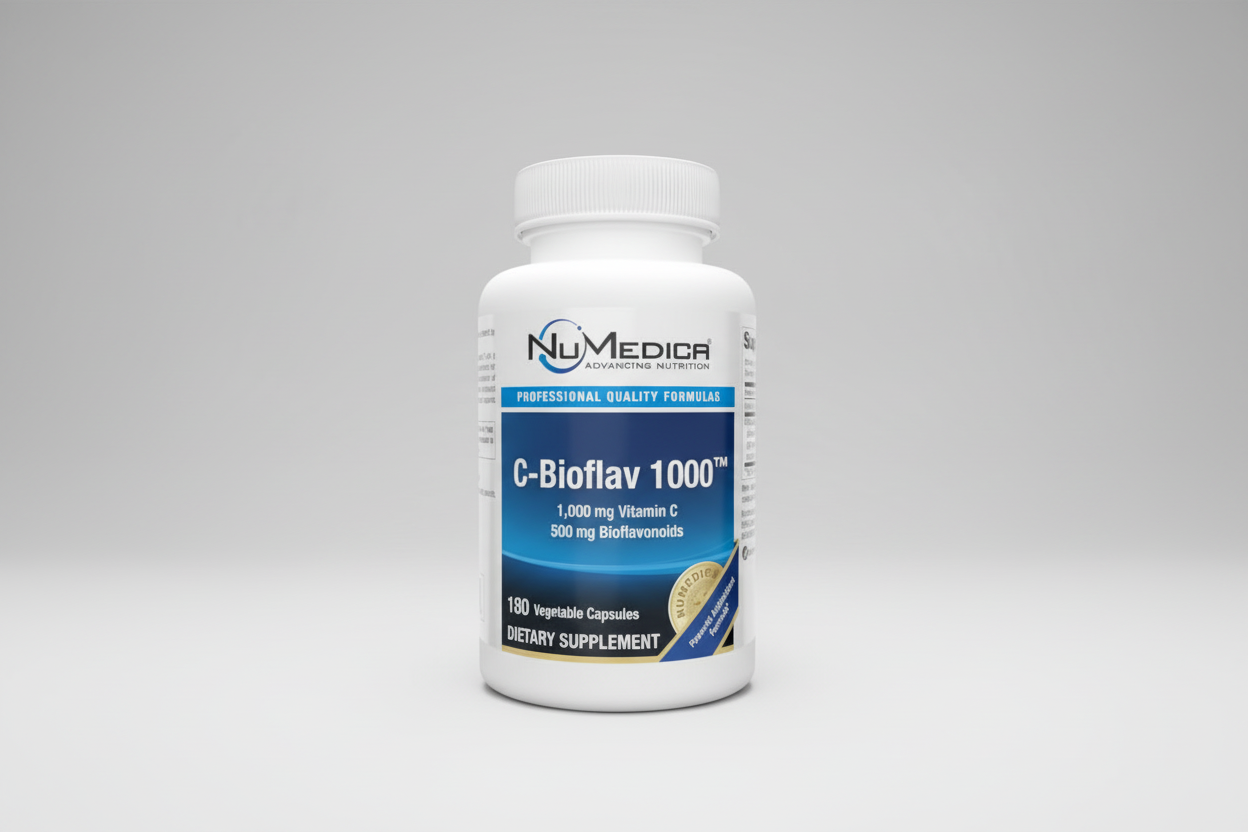 Supplement bottle labeled 'C-Bioflav 1000' by NuMedica on a white background