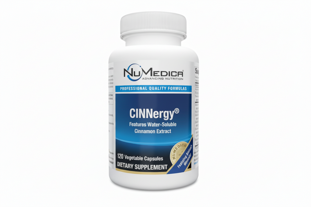 Supplement bottle labeled 'CINNergy' by NuMedica on a white background