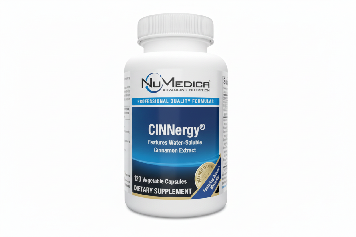 Supplement bottle labeled 'CINNergy' by NuMedica on a white background