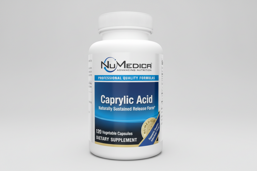 NuMedica Caprylic Acid dietary supplement bottle on a white background