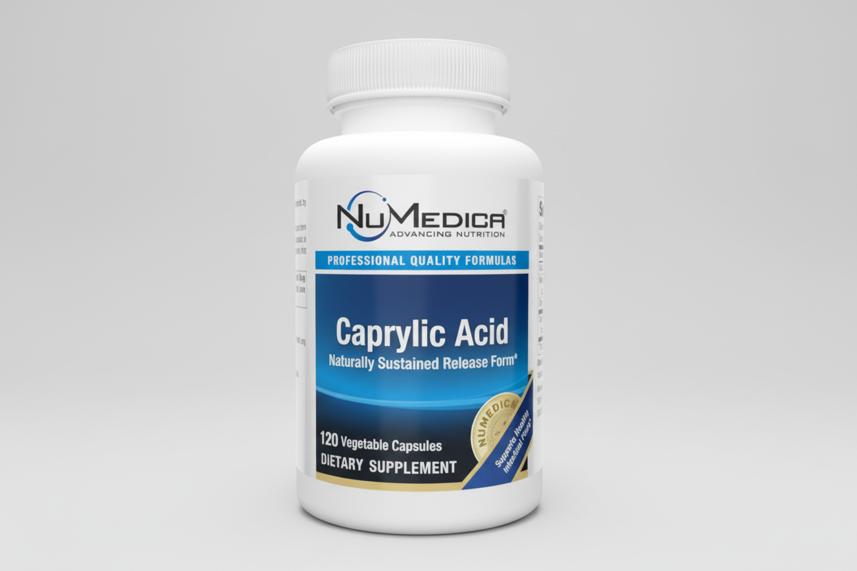 NuMedica Caprylic Acid dietary supplement bottle on a white background