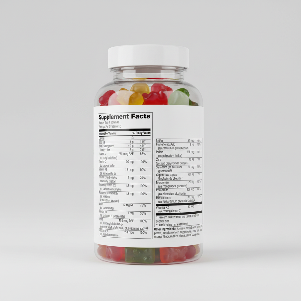 Supplement facts label for a dietary supplement with various vitamins and minerals listed.