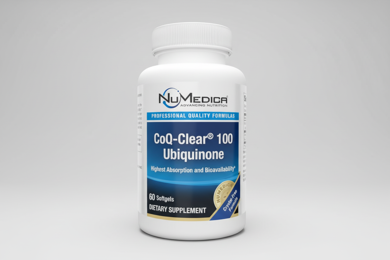 NuMedica CoQ-Clear 100 Ubiquinone dietary supplement bottle on a white background