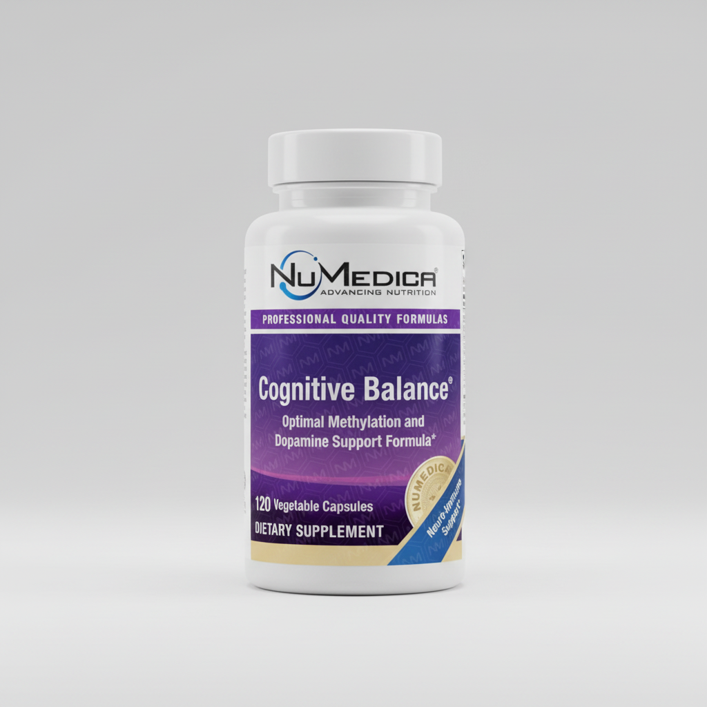 NuMedica Cognitive Balance supplement label with text and logo