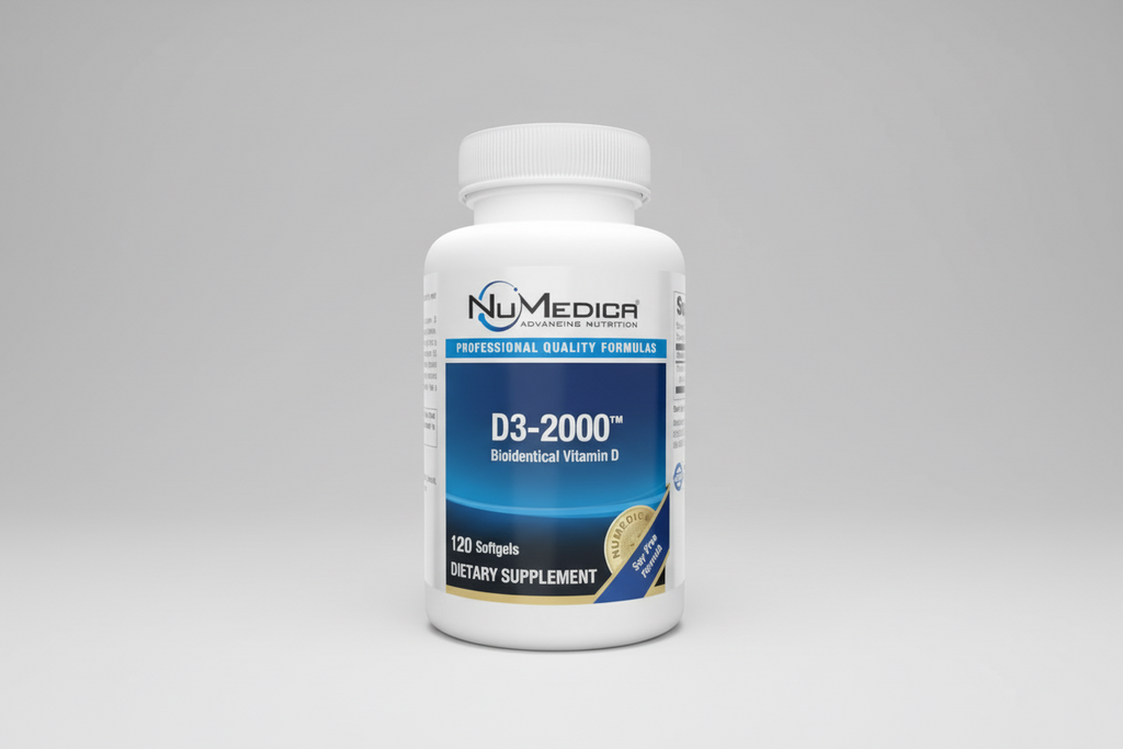 NuMedica D3-2000 dietary supplement bottle on a white background