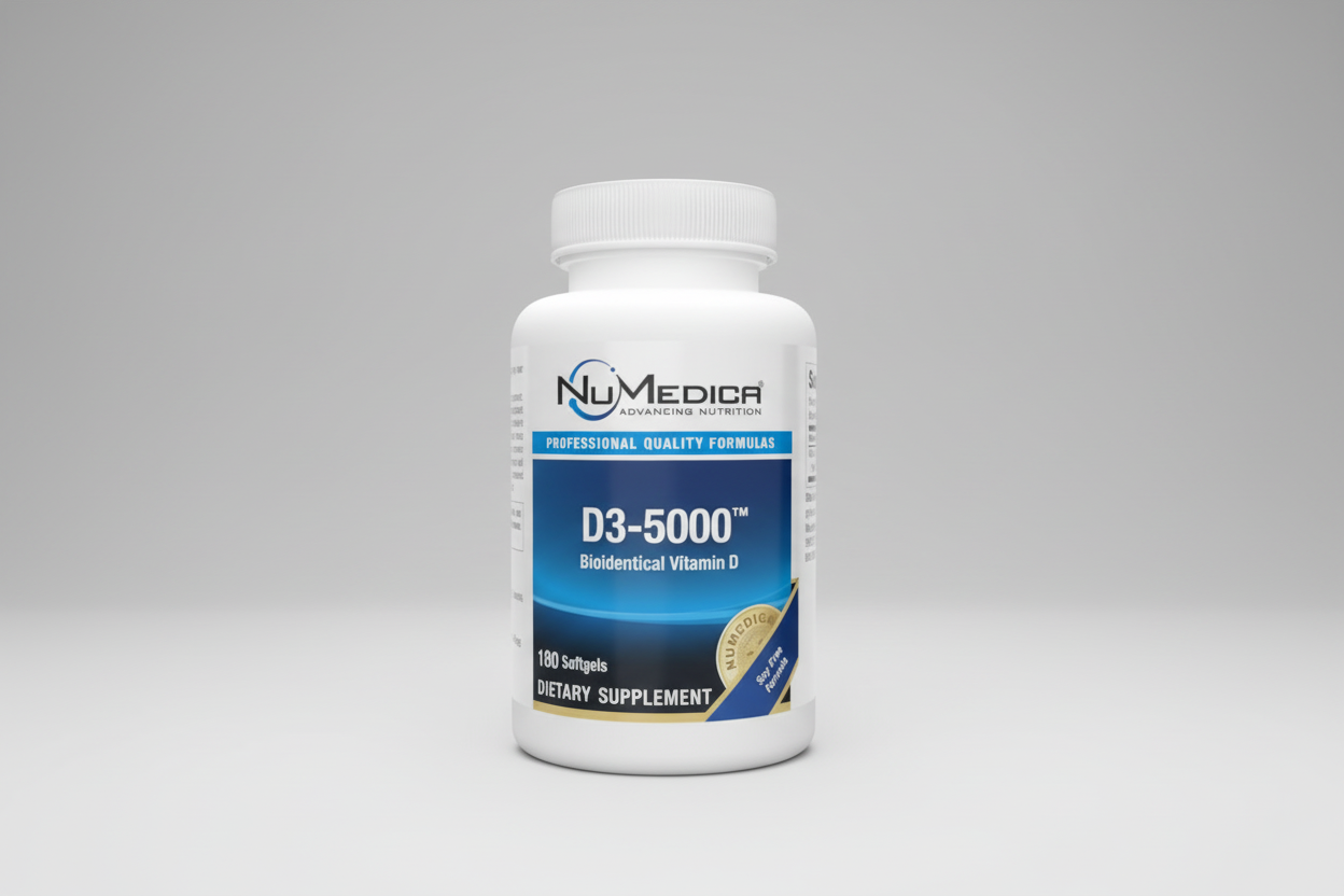 NuMedica D3-5000 dietary supplement bottle on a white background