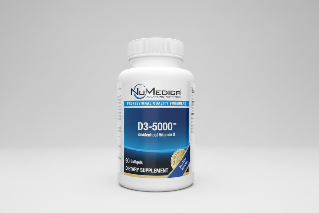 NuMedica D3-5000 dietary supplement bottle on a white background