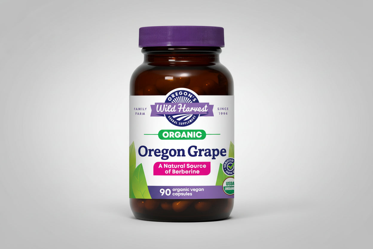 Oregon Grape supplement bottle with purple cap and label on a black background