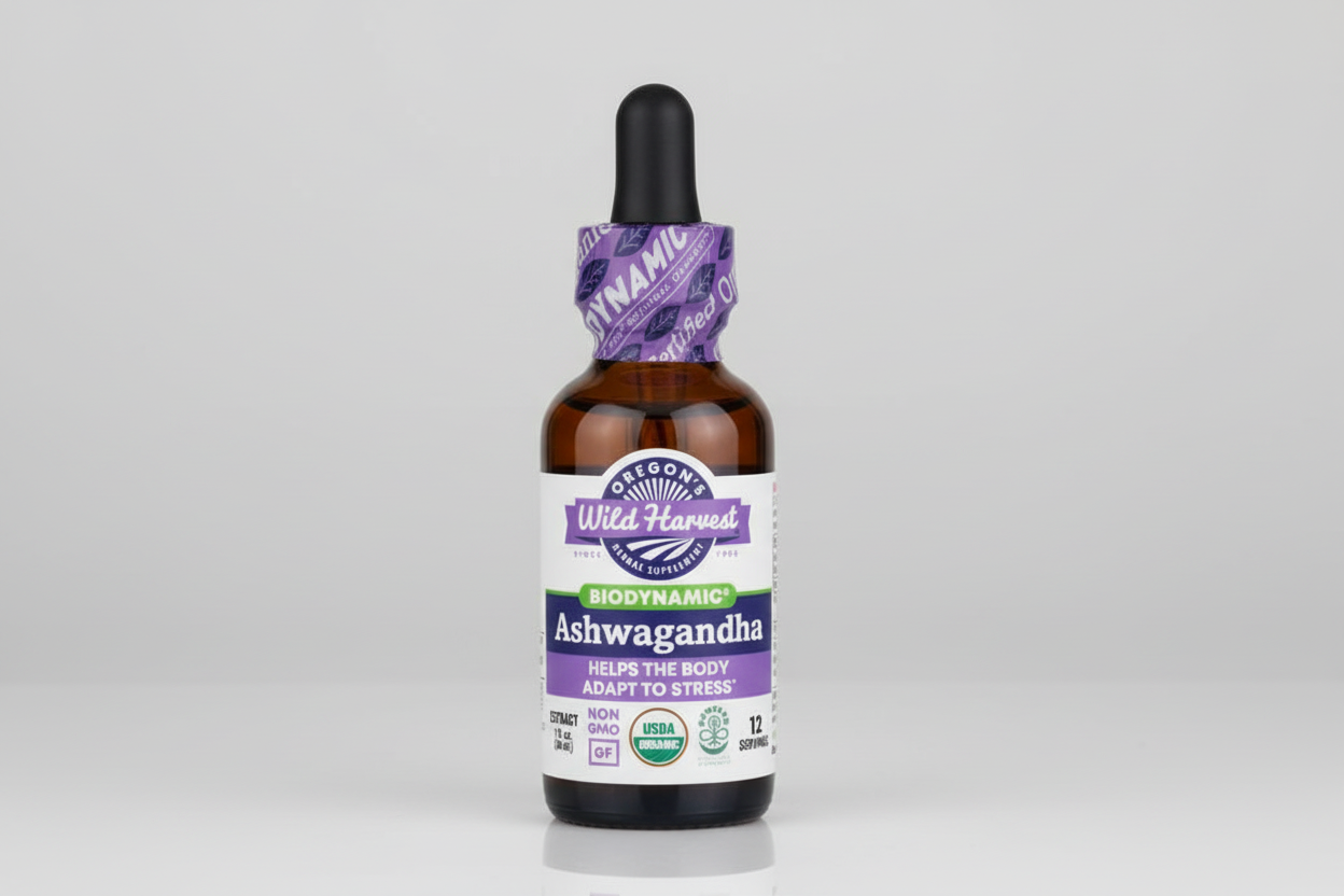 Bottle of Wild Harvest Ashwagandha supplement with a dropper on a white background