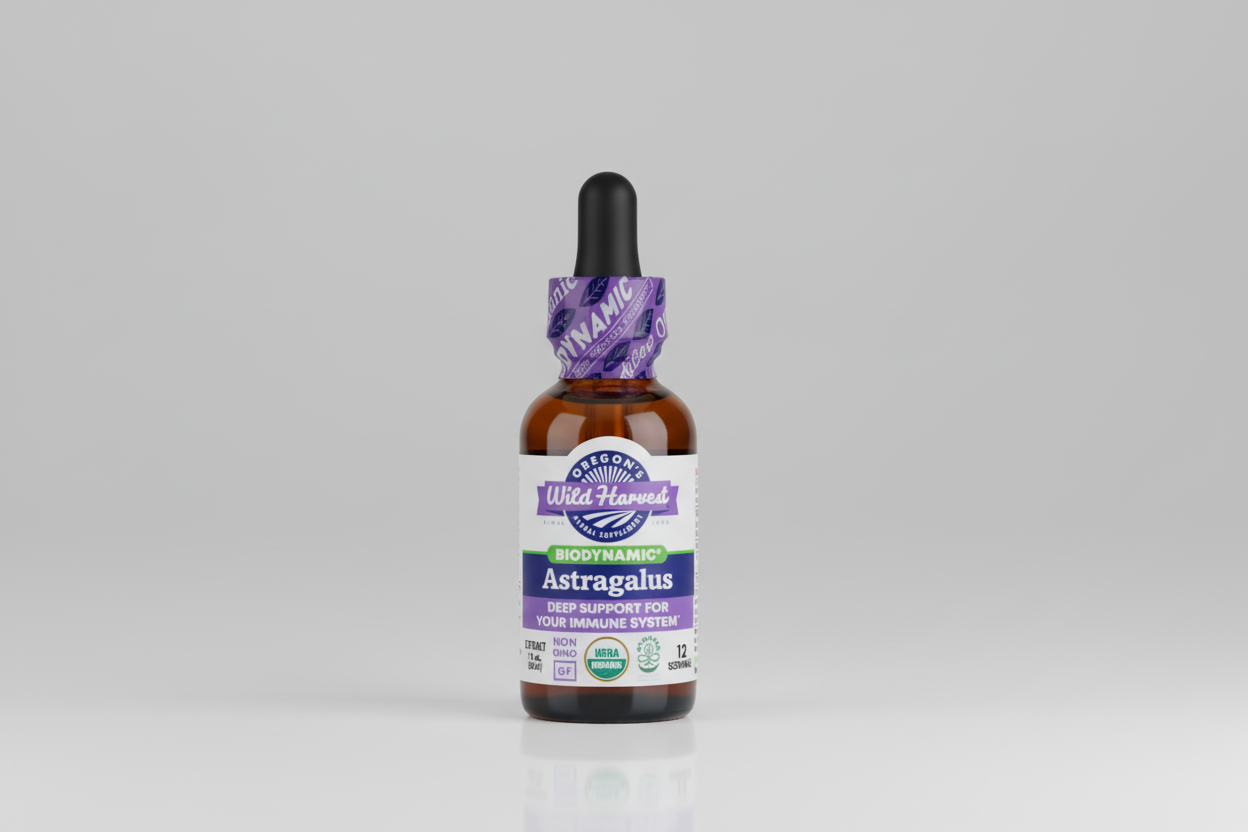 Bottle of Oregon's Wild Harvest Astragalus supplement with a purple label on a white background
