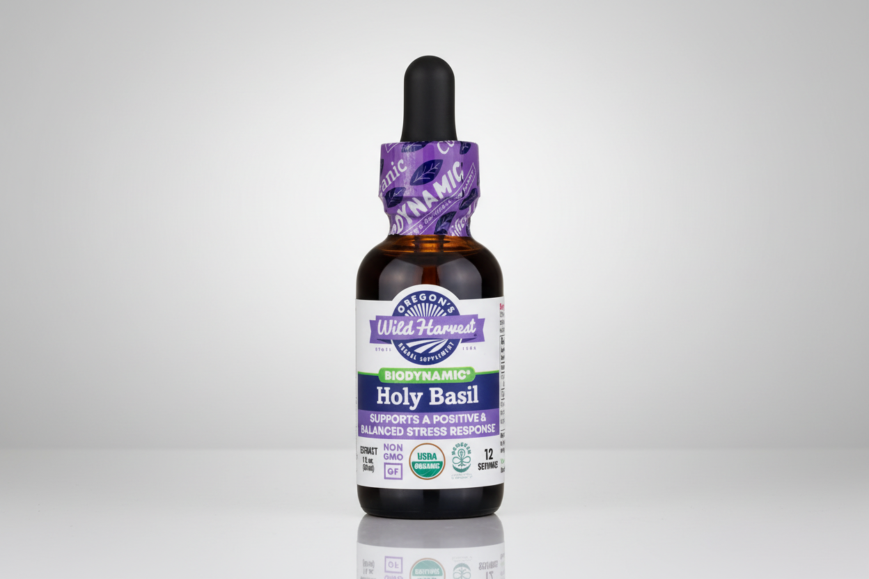Bottle of Oregon's Wild Harvest Holy Basil tincture with purple label