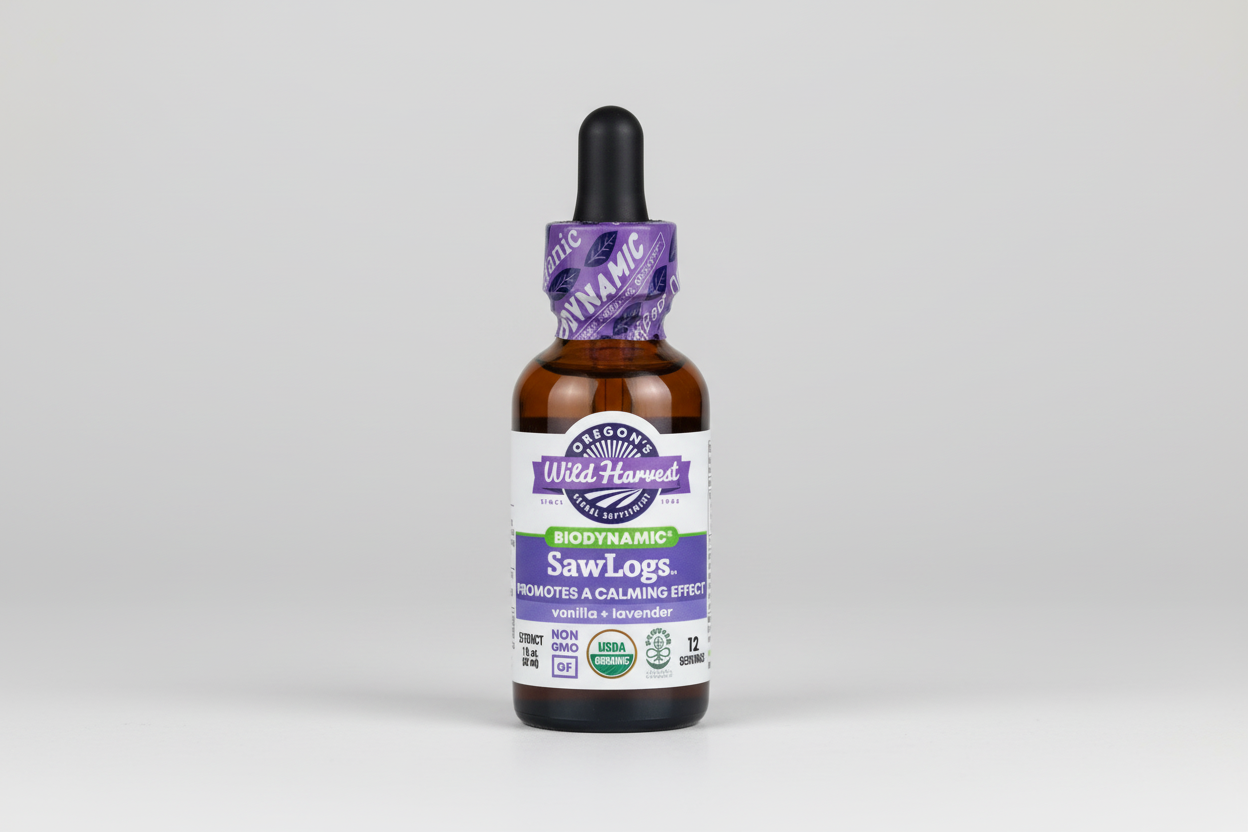 Bottle of Oregon's Wild Harvest SawLogs tincture with a purple cap on a white background