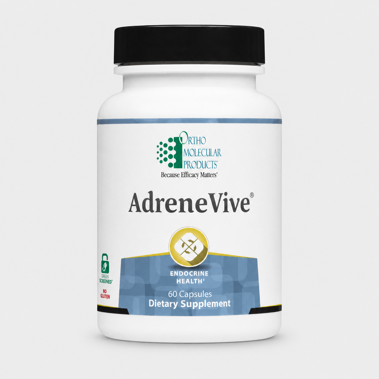 A white bottle of AdreneVive dietary supplement by Ortho Molecular Products, featuring a black cap and a blue and gold label, set against a light gray background.