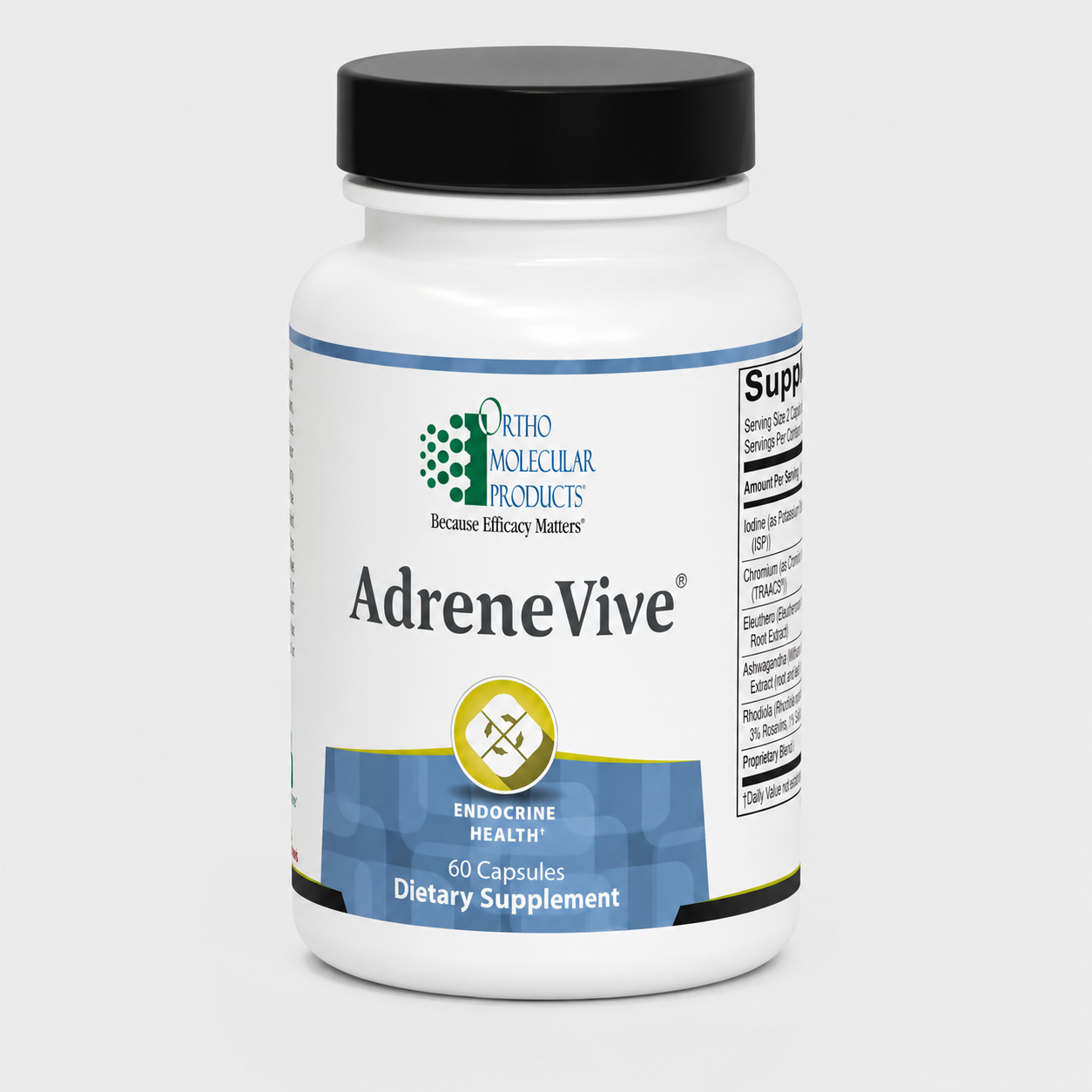 A white plastic bottle of Ortho Molecular Products AdreneVive dietary supplement with a black cap, shown on a light gray background.