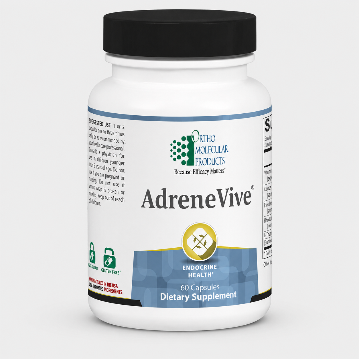 A white plastic bottle of Ortho Molecular Products AdreneVive dietary supplement with a black cap, shown on a light gray background.