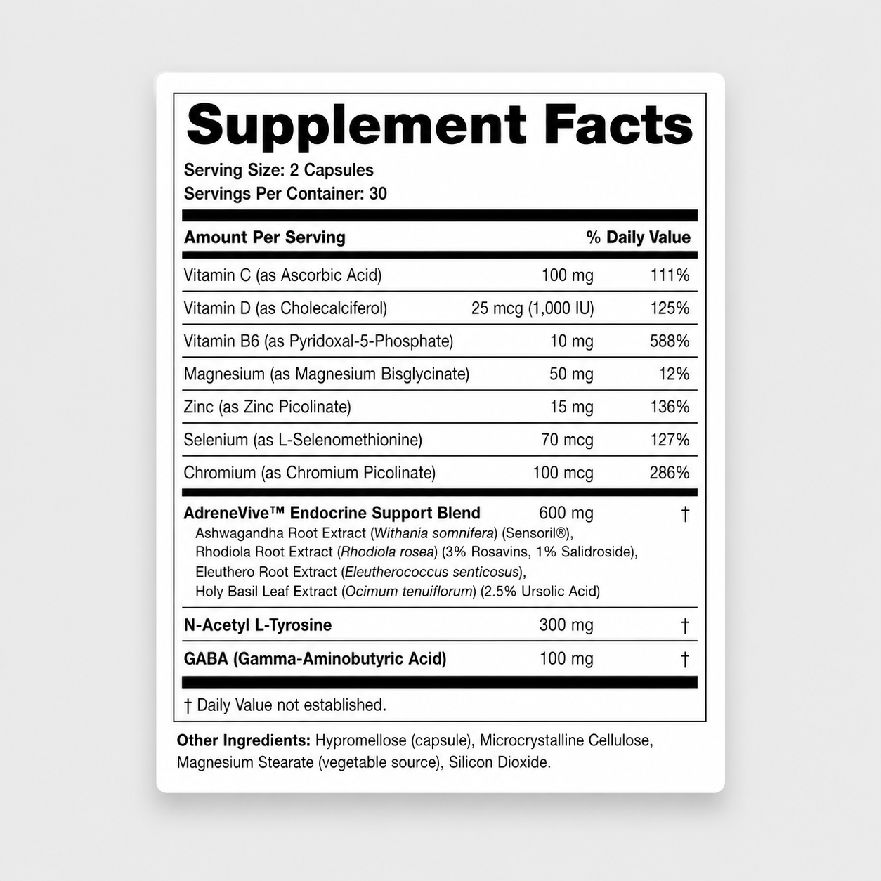 A Supplement Facts label for Adrenovive Endocrine Support Blend, showing a detailed nutrition table with serving size of 2 capsules and listing key vitamins and minerals with daily value percentages on a white background.