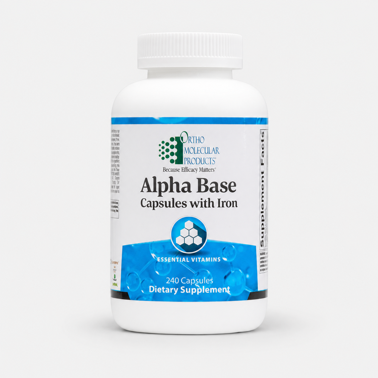 A white plastic bottle of Ortho Molecular Products Alpha Base Capsules with Iron, featuring a white label with blue accents and black text, set against a light gray background.