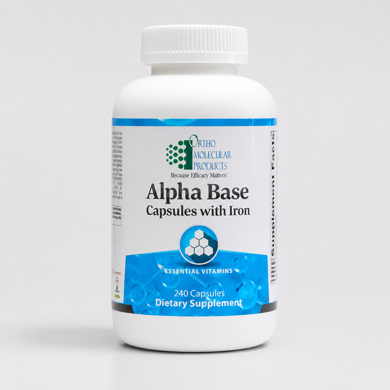 A white plastic bottle of Ortho Molecular Products Alpha Base Capsules with Iron, 240 count, on a light gray background.