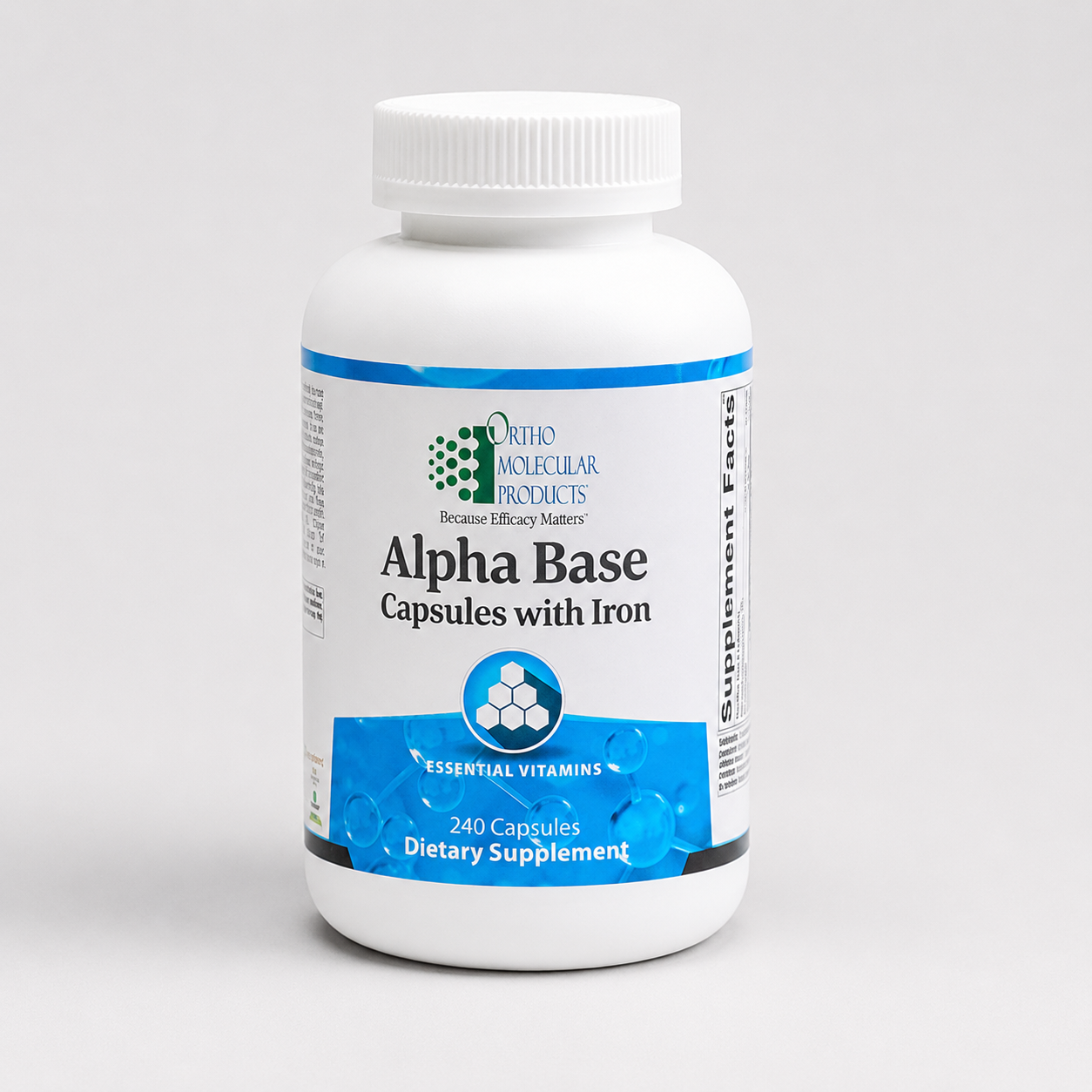 A white plastic bottle of Ortho Molecular Products Alpha Base Capsules with Iron, containing 240 dietary supplement capsules, shown on a light gray background.