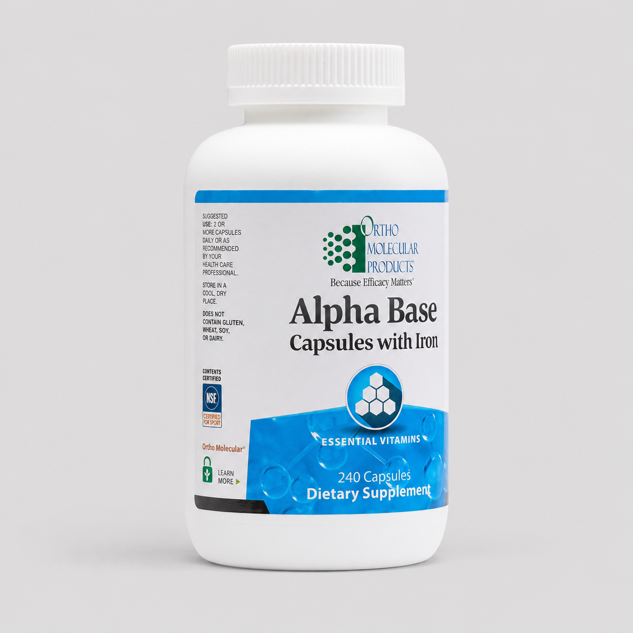 A white plastic bottle of Ortho Molecular Products Alpha Base Capsules with Iron, 240 capsules, on a light gray background.