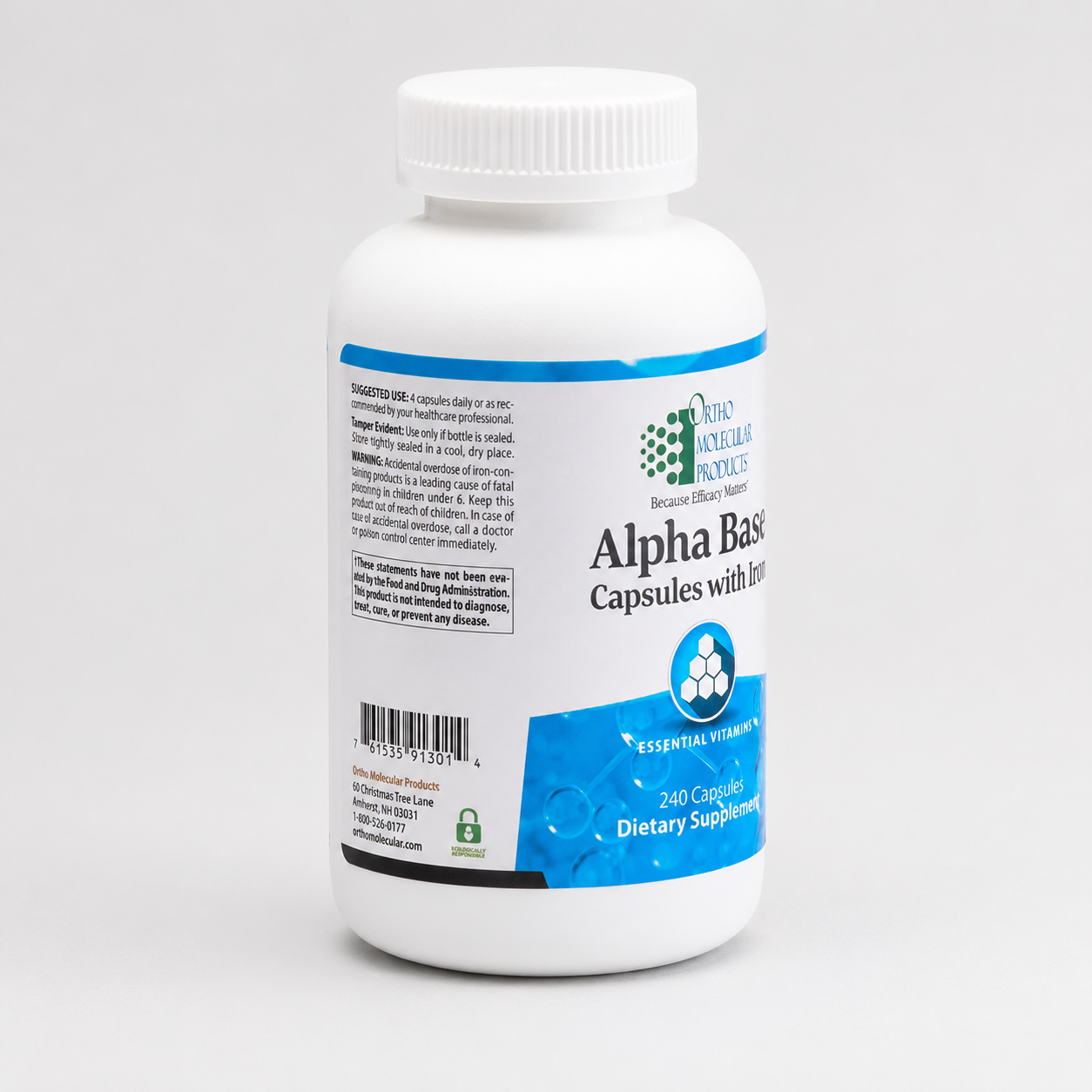 A white plastic bottle of Alpha Basic Capsules with Boron dietary supplement, featuring a blue and white label, on a light gray background.