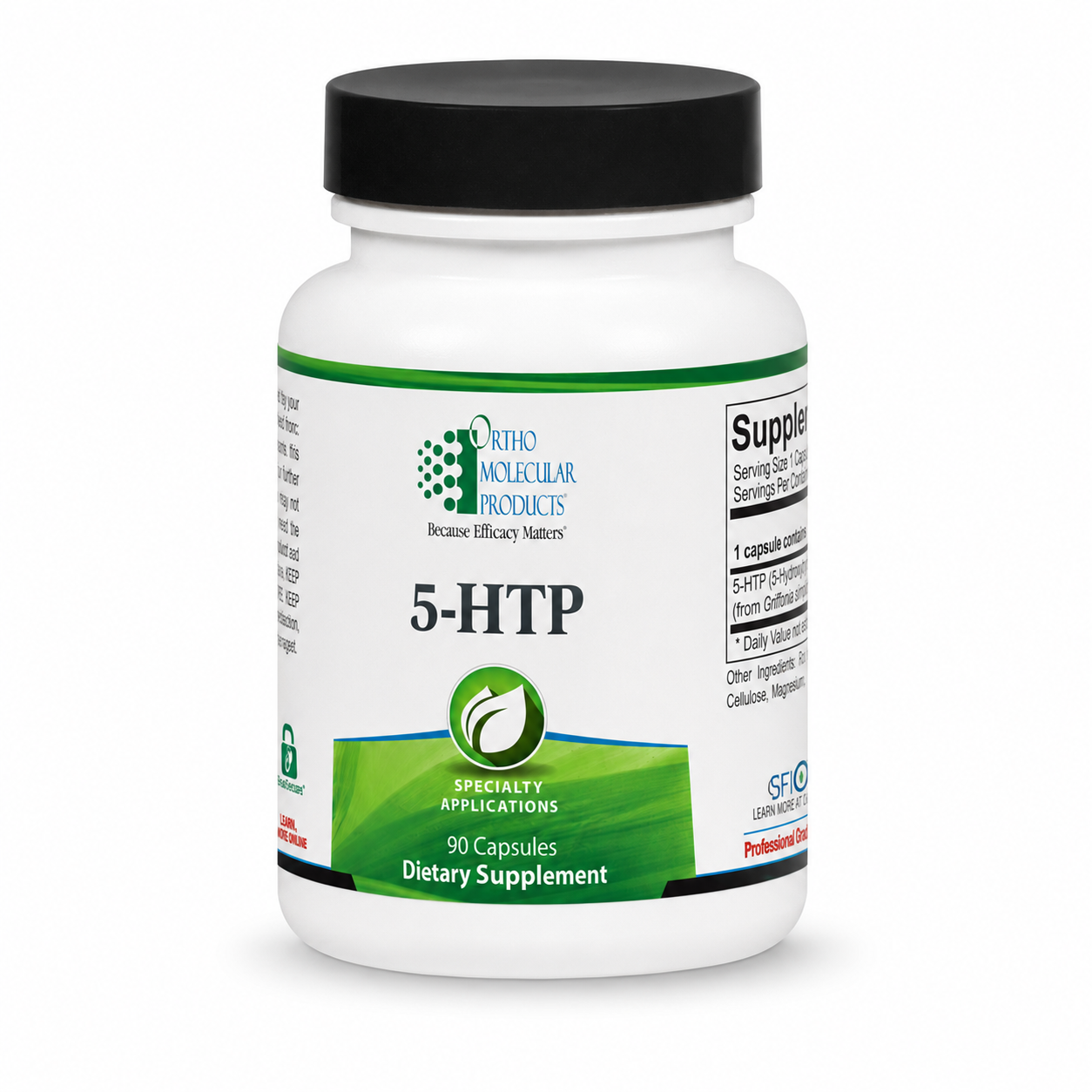 A white plastic bottle of Ortho Molecular Products 5-HTP dietary supplement with a black cap and a green and white label, shown on a white background.