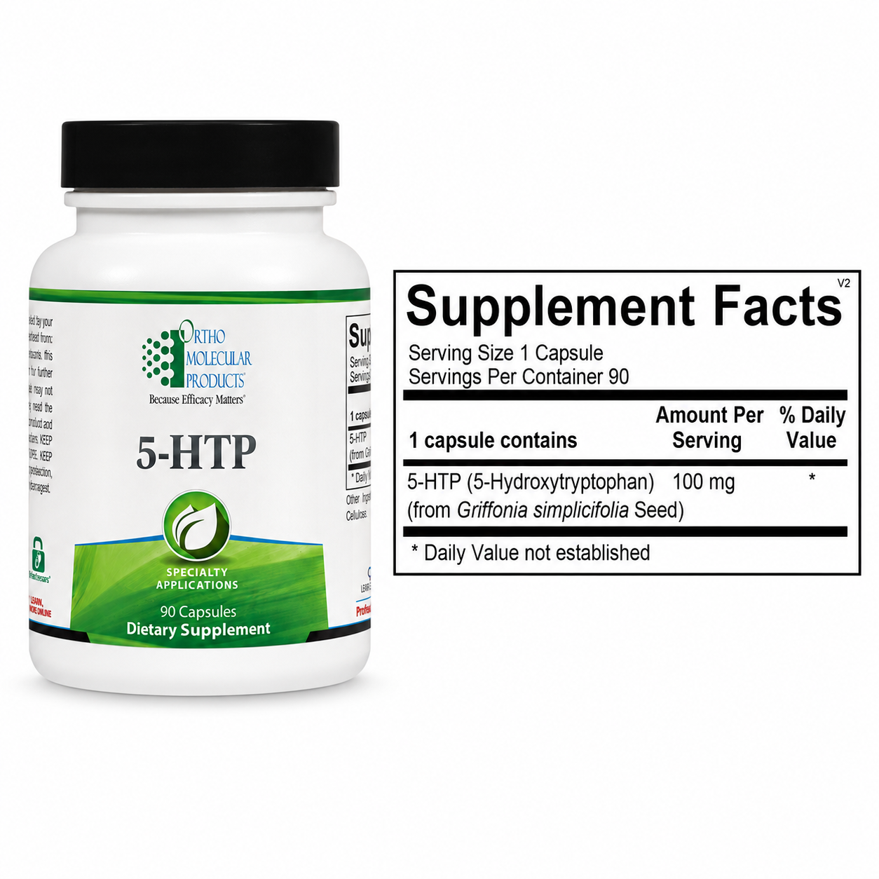 A white bottle of 5-HTP dietary supplement by Optima Molecular Products with a black cap, shown next to a black Supplement Facts label on a white background.
