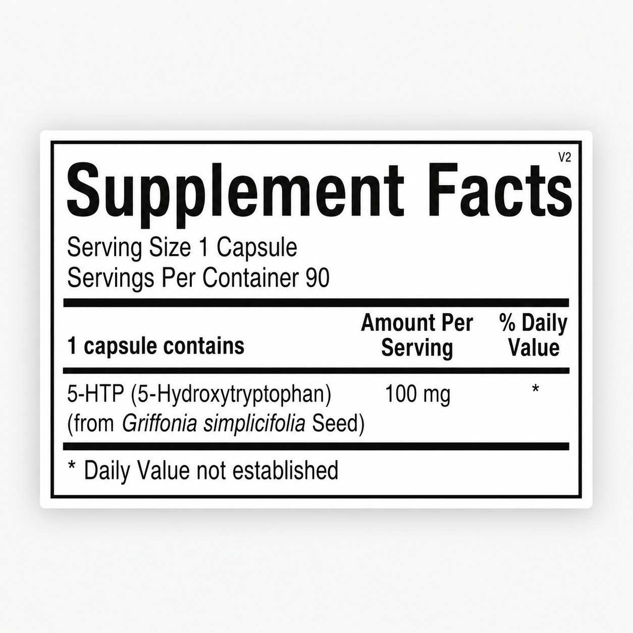 A rectangular Supplement Facts label with black text on a white background, showing serving size, servings per container, and 100 mg of 5-HTP per capsule.