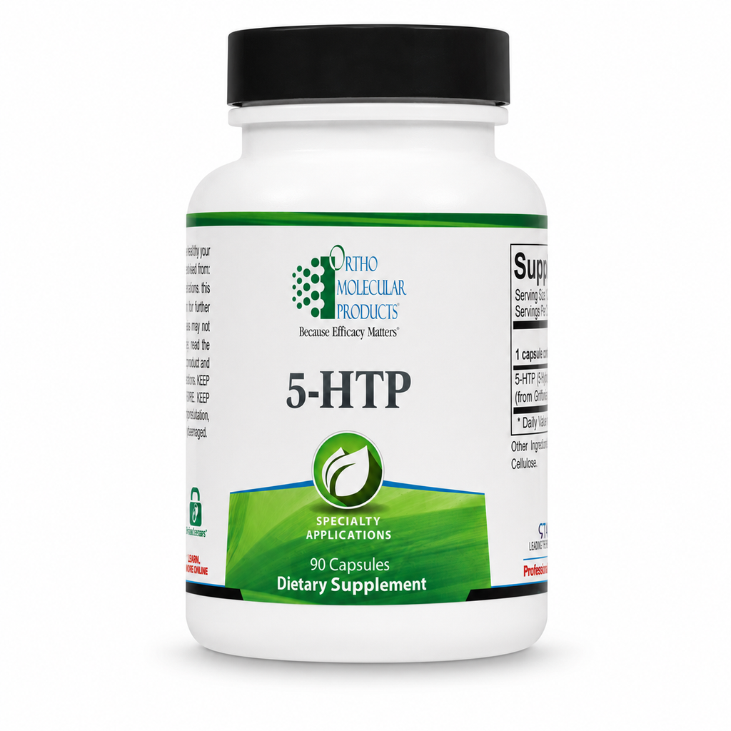 A white plastic bottle of Ortho Molecular Products 5-HTP dietary supplement with a black cap and a white label featuring green accents.