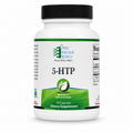 A white plastic bottle of Ortho Molecular Products 5-HTP dietary supplement with a black cap and a white label featuring green accents.