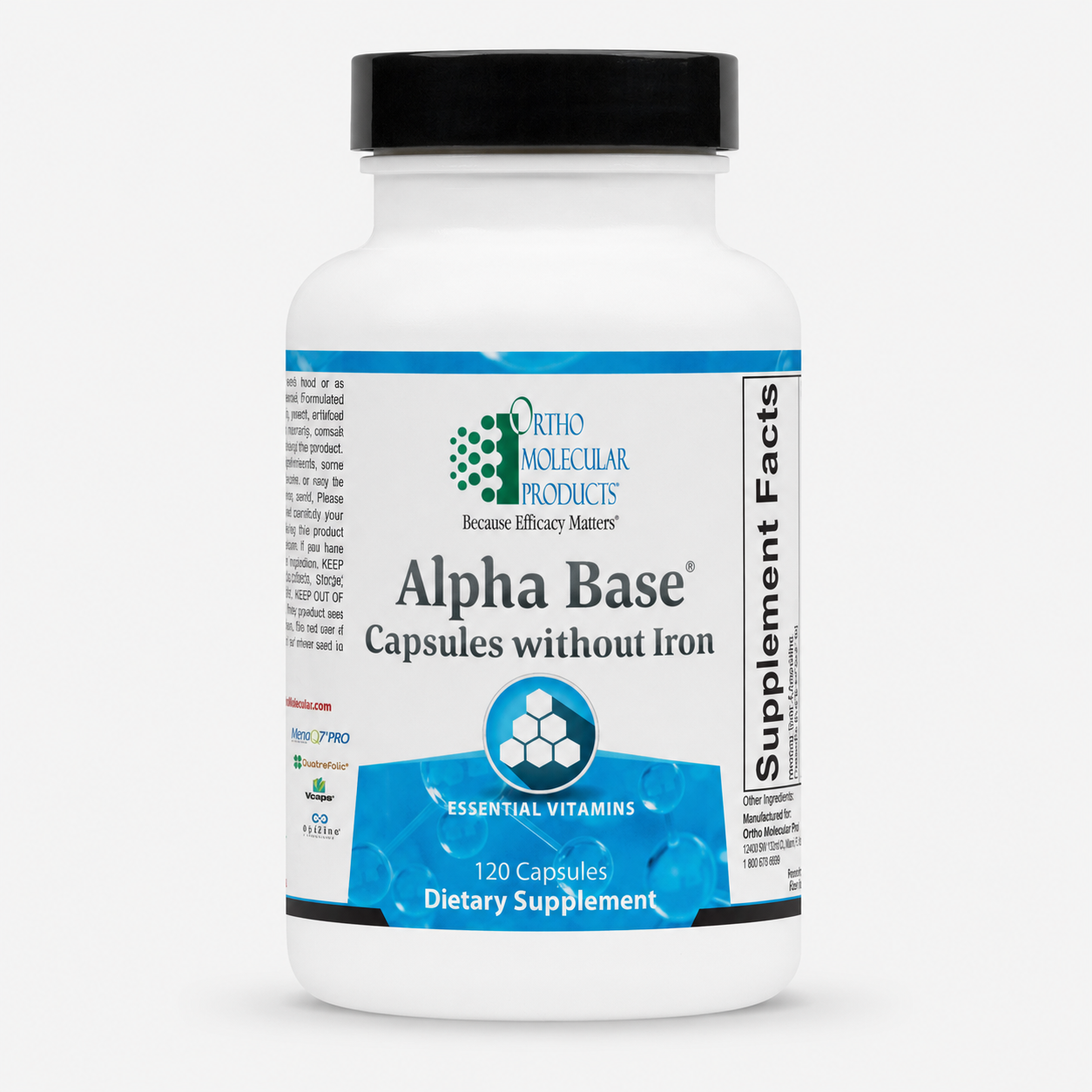 Ortho Molecular Products Alpha Base without Iron 120 Capsules front label — multivitamin mineral supplement