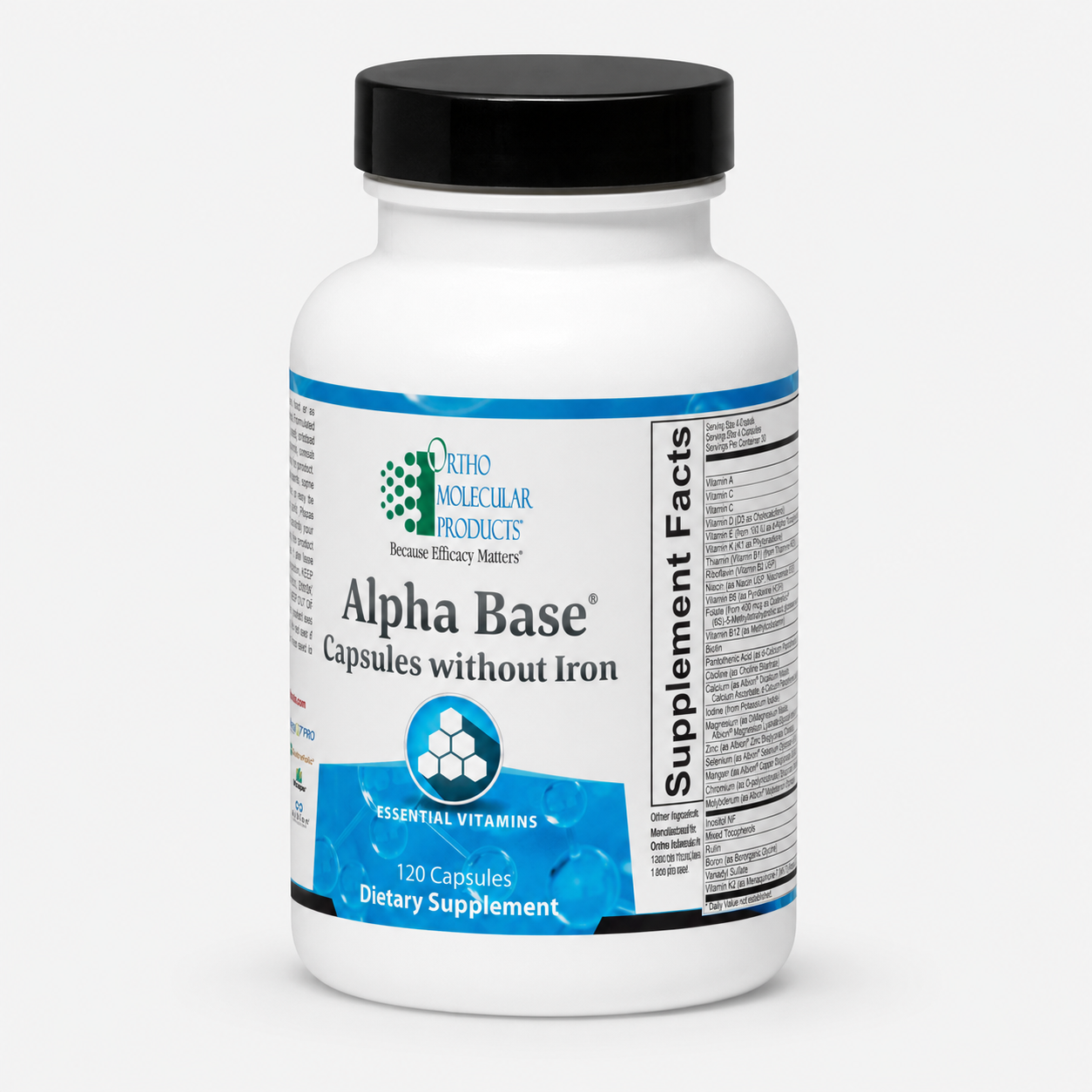 Ortho Molecular Products Alpha Base without Iron 120 Capsules side view — dietary supplement bottle