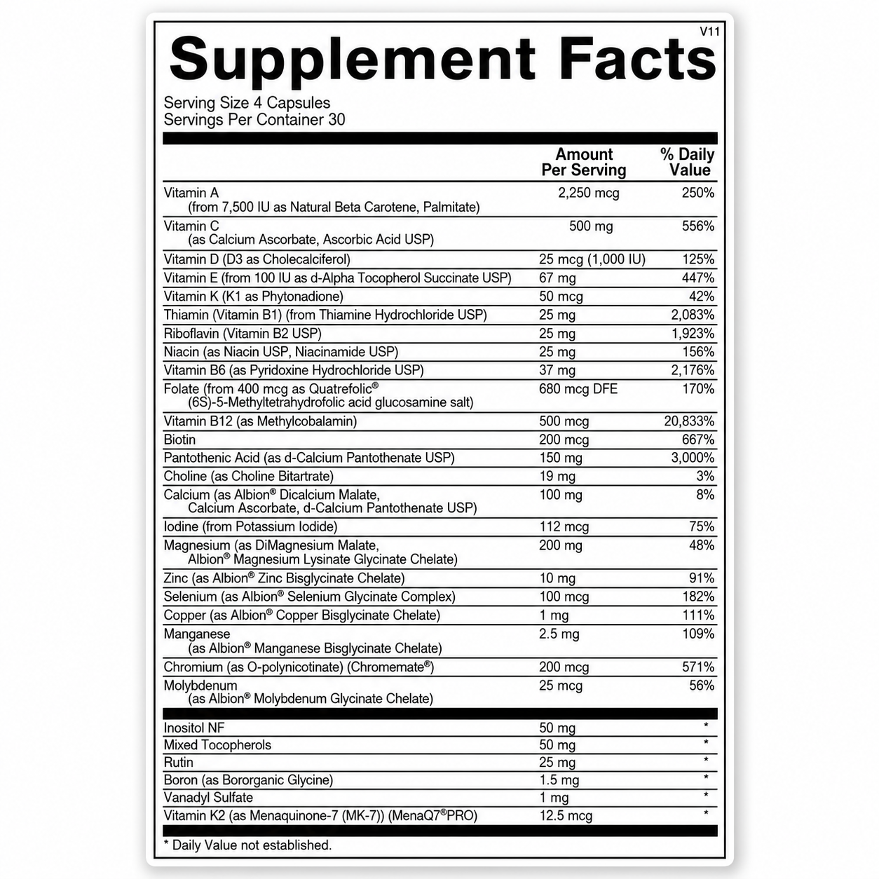 A black and white Supplement Facts label showing a daily value table of vitamins and minerals per serving, with a white background and black text.