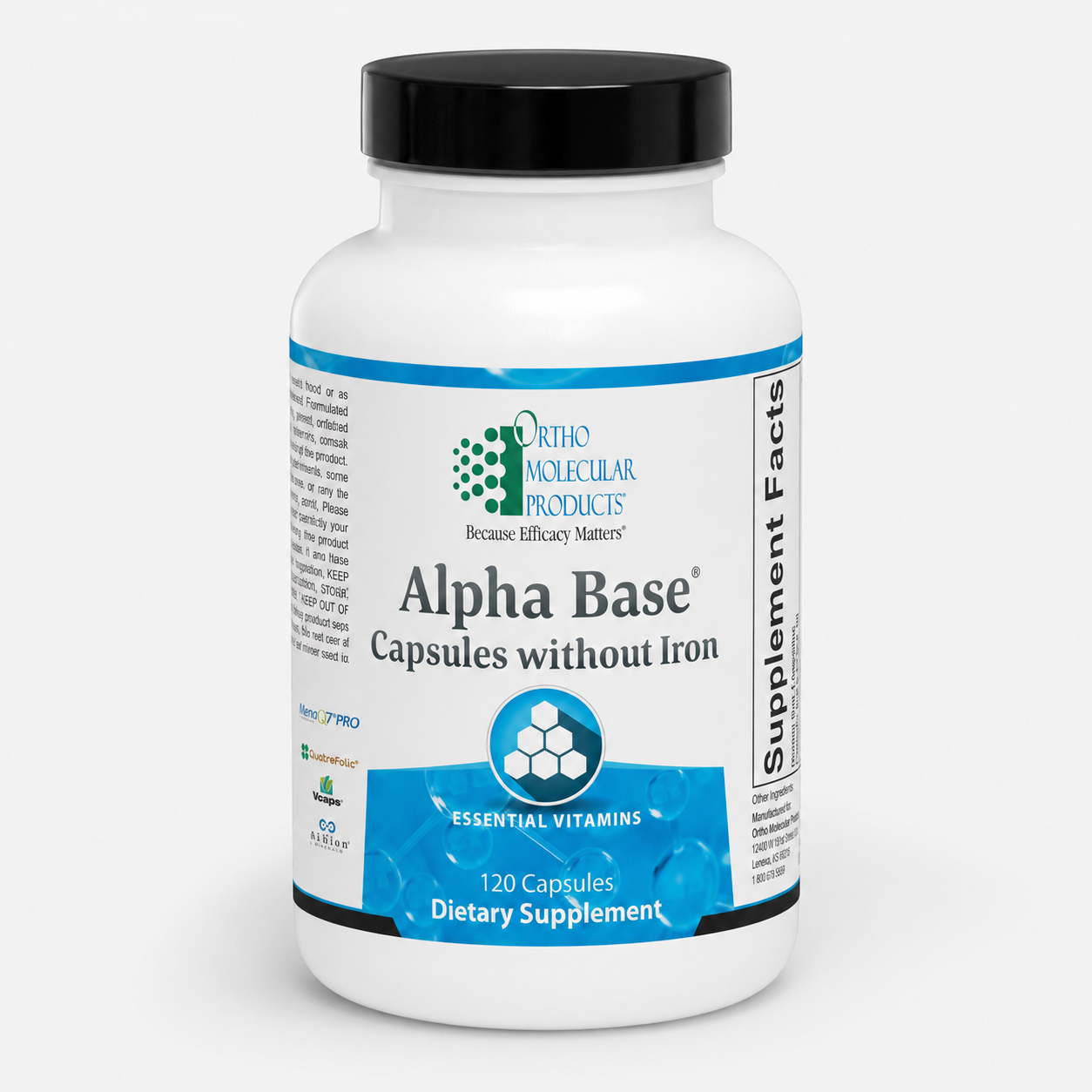 A white plastic bottle of Ortho Molecular Products Alpha Base dietary supplement with a black cap, shown on a light gray background.