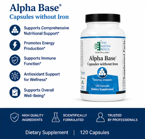 Ortho Molecular Products Alpha Base without Iron 120 Capsules – iron-free multivitamin capsules