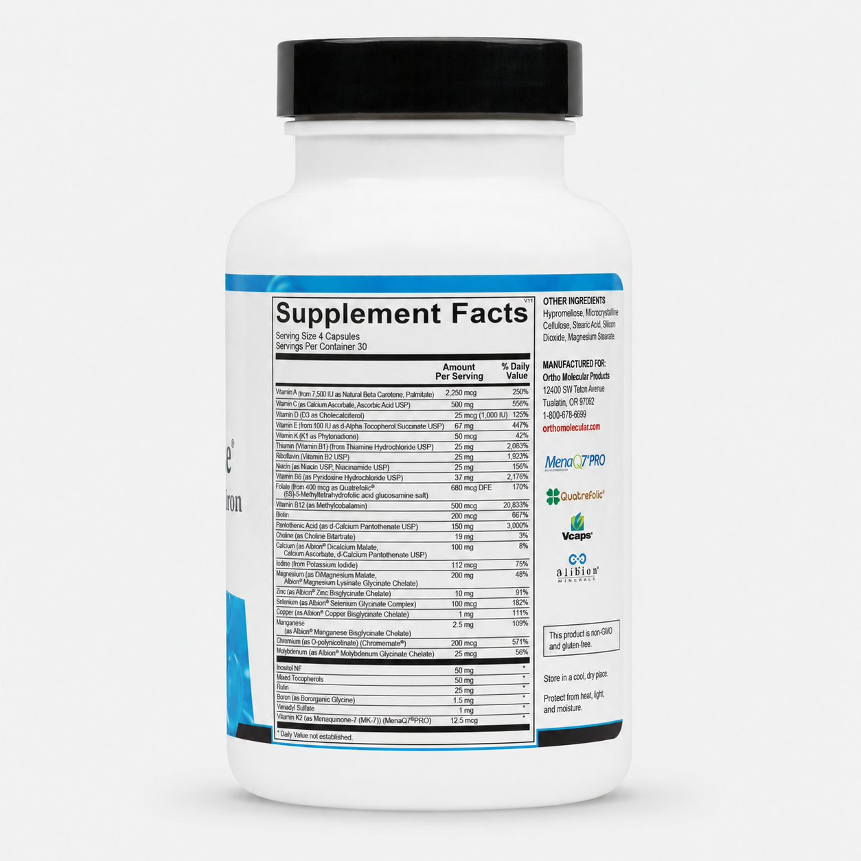 A white plastic bottle of dietary supplements with a black cap, showing the back label with 'Supplement Facts' and brand logos including Meridian, Meridian Pro, and G-1000 on a light gray background.