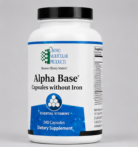 Ortho Molecular Products Alpha Base without Iron 240 Capsules – front label view