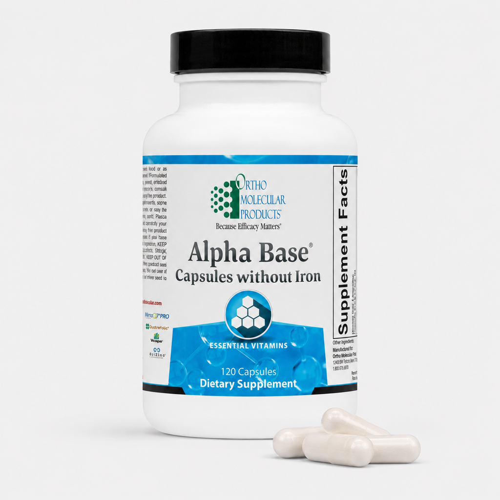 Ortho Molecular Products Alpha Base without Iron capsules — iron-free multivitamin mineral formula