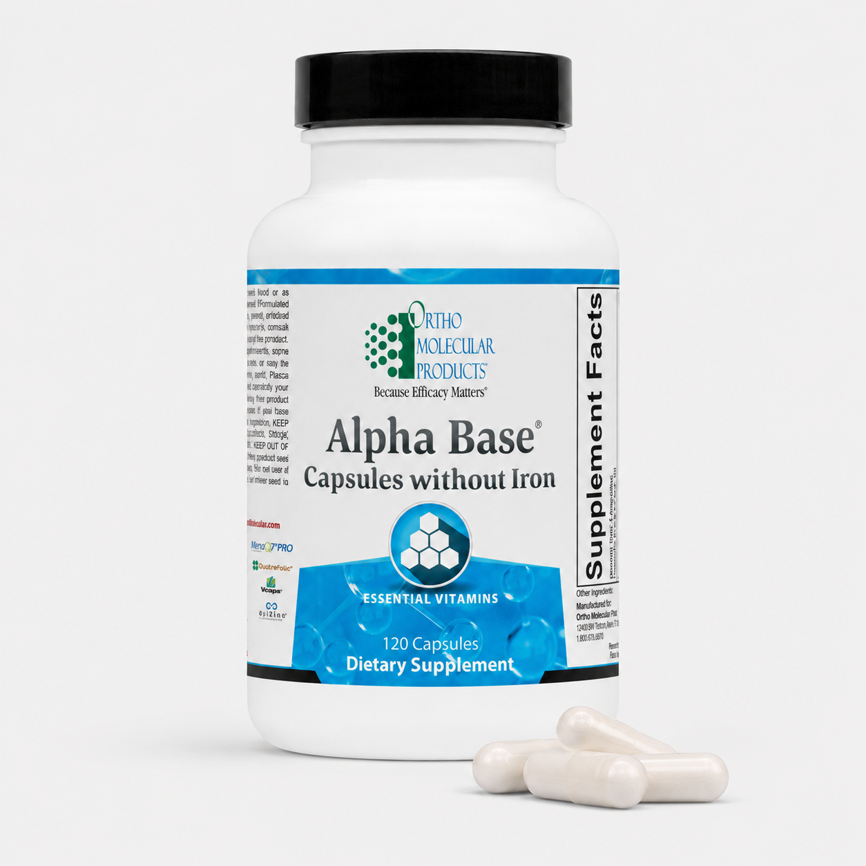Ortho Molecular Products Alpha Base without Iron capsules — iron-free multivitamin mineral formula