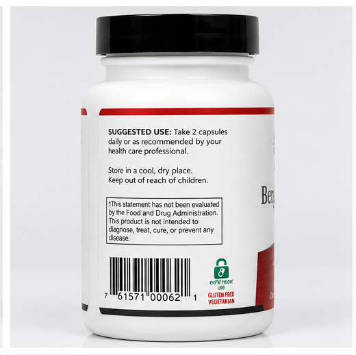A white plastic bottle of dietary supplements with a black cap, showing the back label with text, a barcode, and a green gluten-free vegetarian badge on a light gray background.