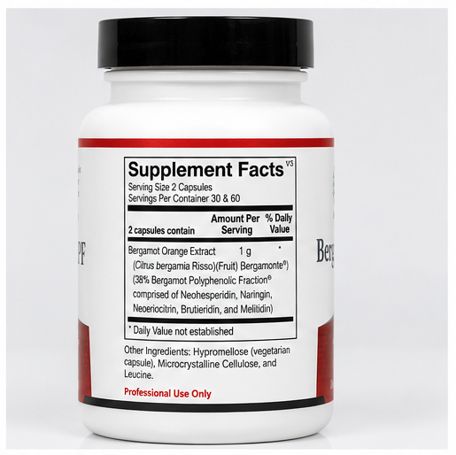 A white bottle of dietary supplements with a black cap, showing the Supplement Facts label. The label features red accent bands and text highlighting Bergamot Orange Extract and Professional Use Only.