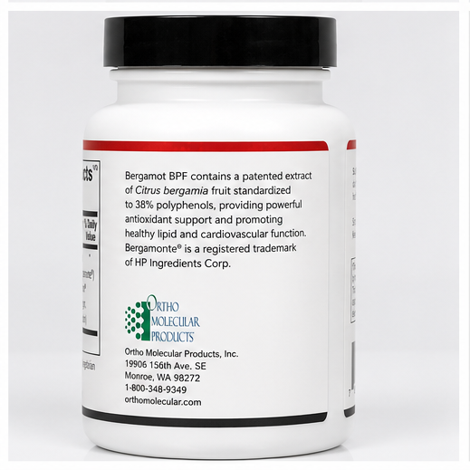 White supplement bottle with a black cap showing the back label of Ortho Molecular Products Bergamot BPF.