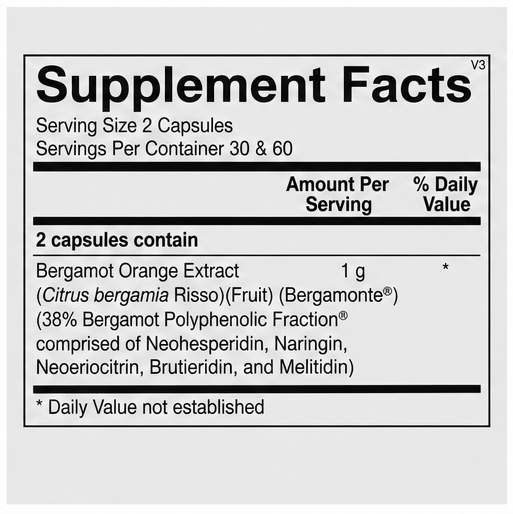 A supplement facts label showing text for Bergamot Orange Extract, including serving size, servings per container, and amount per serving on a light gray background.