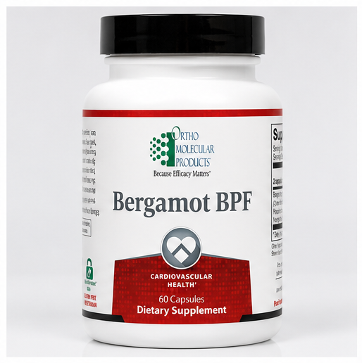 A white plastic bottle of Ortho Molecular Products Bergamot BPF dietary supplement with a black cap, shown on a light gray background.
