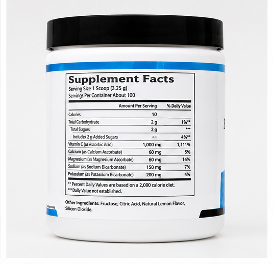 A white plastic supplement tub with a black lid, showing the Supplement Facts label on a clean white background.