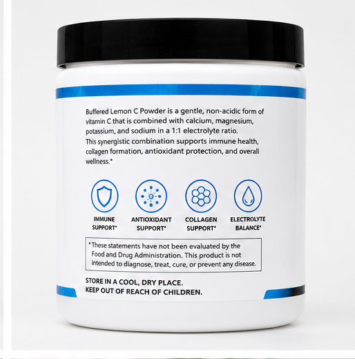 A white plastic tub of buffered lemon C powder with a black lid and blue accents, showing the product's front label with text and icons.
