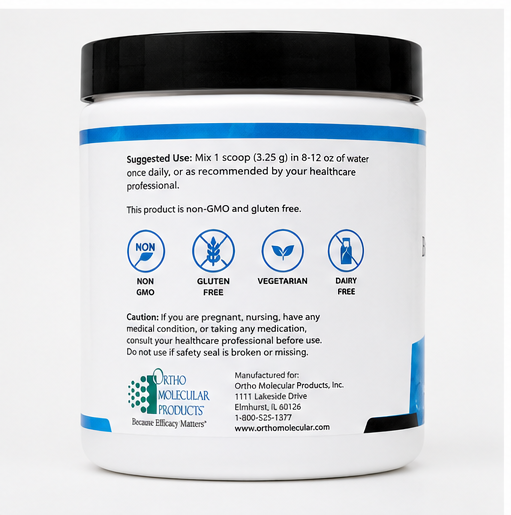 A white plastic supplement tub with a black lid, showing the back label of Ortho Molecular Products. The label features blue text and icons indicating it is non-GMO, gluten free, vegetarian, and dairy free, with suggested use and cautionary text.
