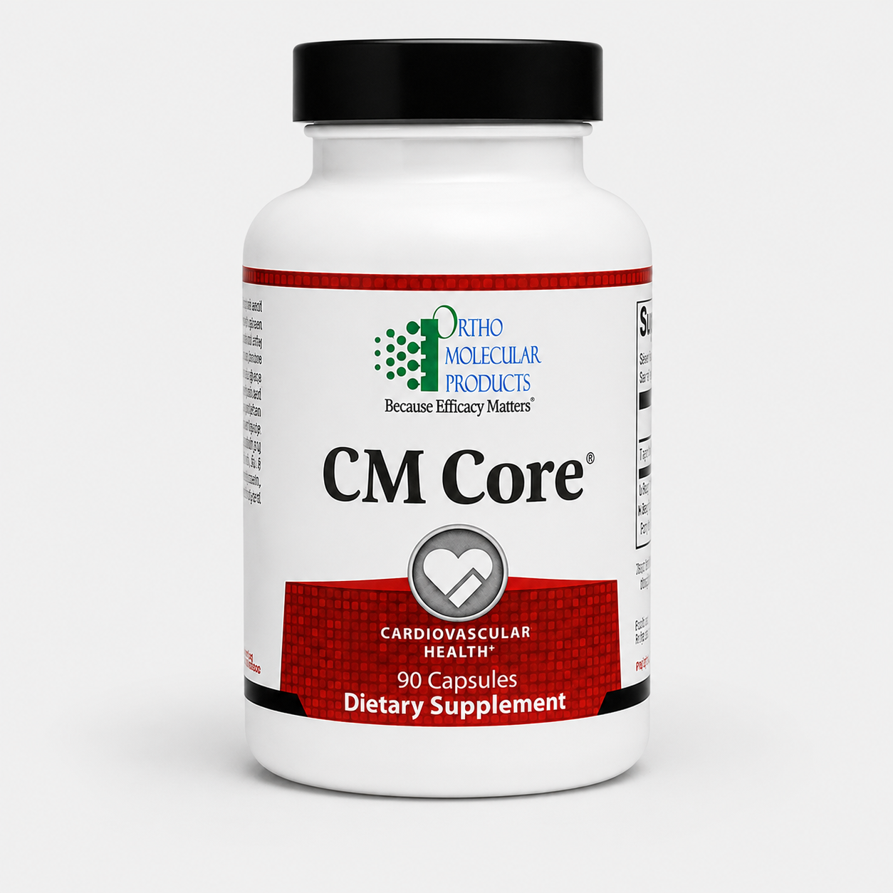 A white plastic bottle of Ortho Molecular Products CM Core dietary supplement with a black cap, set against a light gray background.